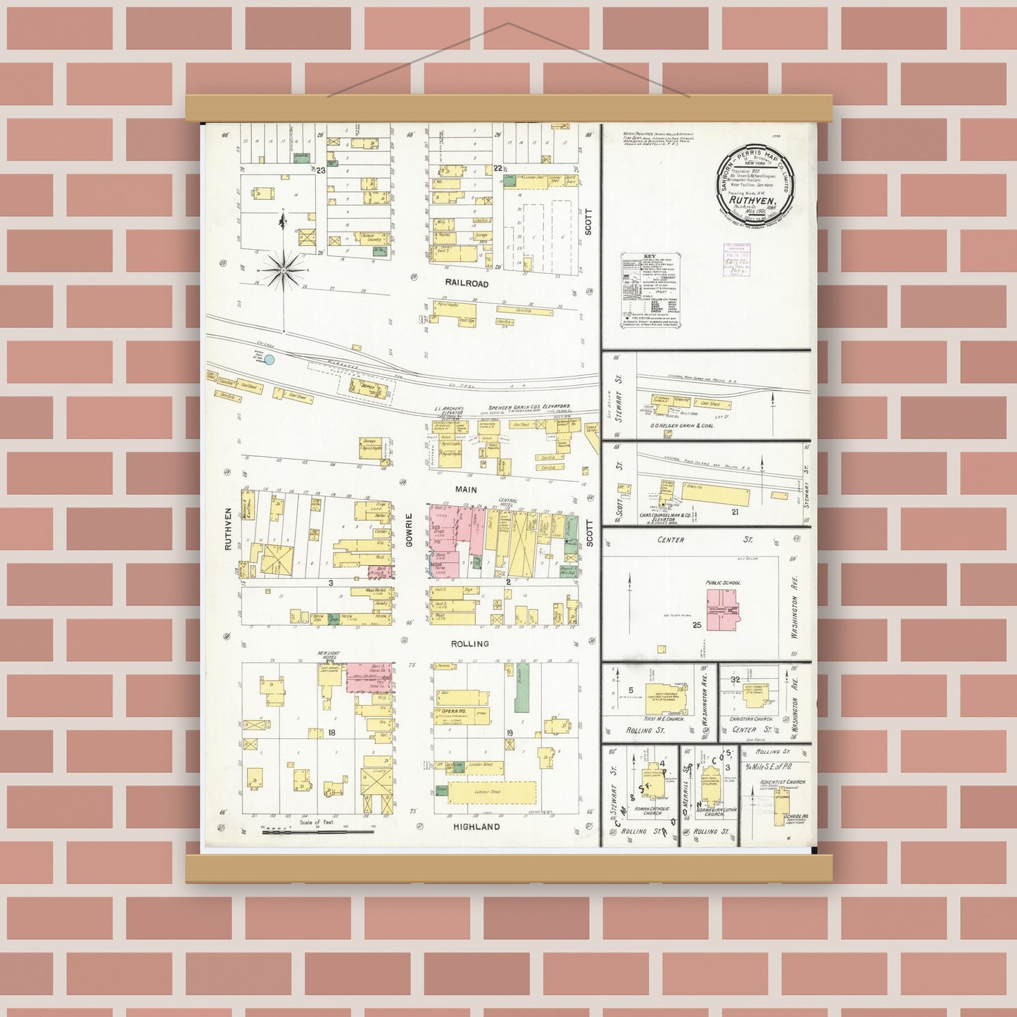 Old map wall art mockup — magnetic wood frame on brick wall — Sanborn Fire Insurance Map from Ruthven, Palo Alto County, Iowa (1901), Sheet #0001