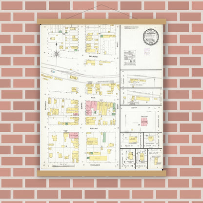 Old map wall art mockup — magnetic wood frame on brick wall — Sanborn Fire Insurance Map from Ruthven, Palo Alto County, Iowa (1901), Sheet #0001