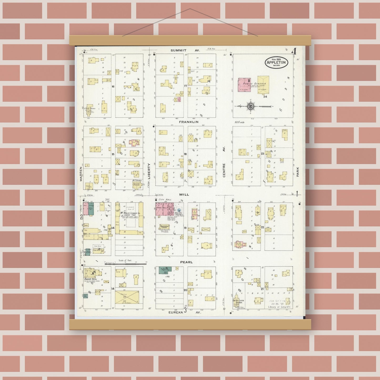 Old map wall art mockup — magnetic wood frame on brick wall — Sanborn Fire Insurance Map from Appleton, Swift County, Minnesota (1909), Sheet #0004