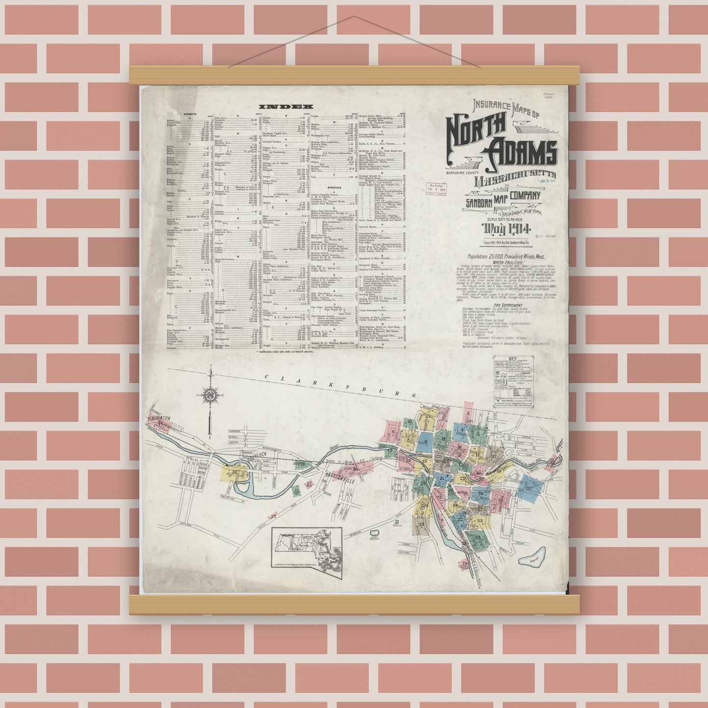 Old map wall art mockup — magnetic wood frame on brick wall — Sanborn Fire Insurance Map from North Adams, Berkshire County, Massachusetts (1914) - Complete Map Set
