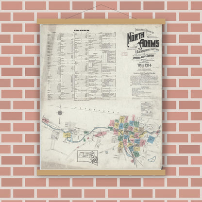 Old map wall art mockup — magnetic wood frame on brick wall — Sanborn Fire Insurance Map from North Adams, Berkshire County, Massachusetts (1914) - Complete Map Set