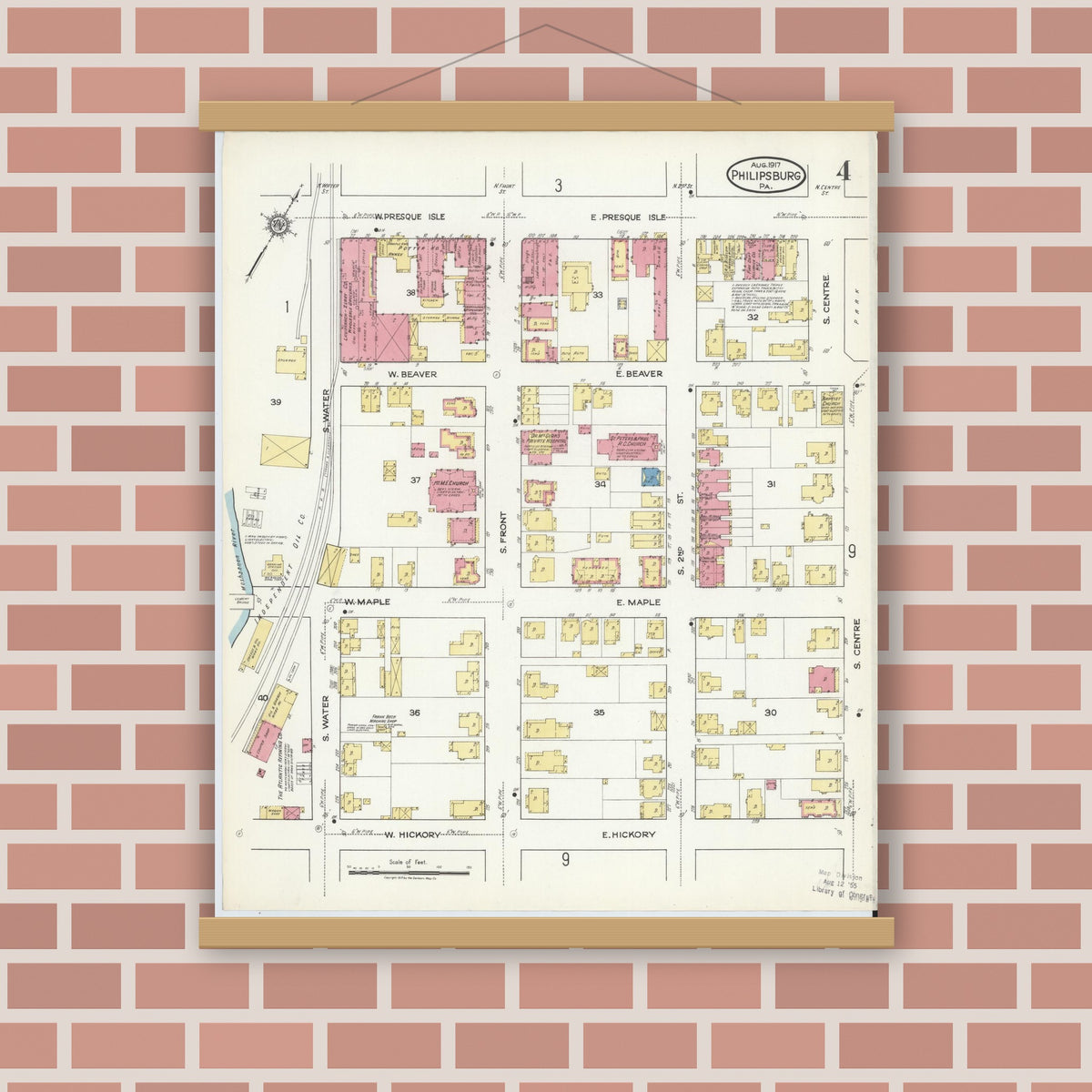 Old map wall art mockup — magnetic wood frame on brick wall — Sanborn Fire Insurance Map from Philipsburg, Centre County, Pennsylvania (1917), Sheet #0004