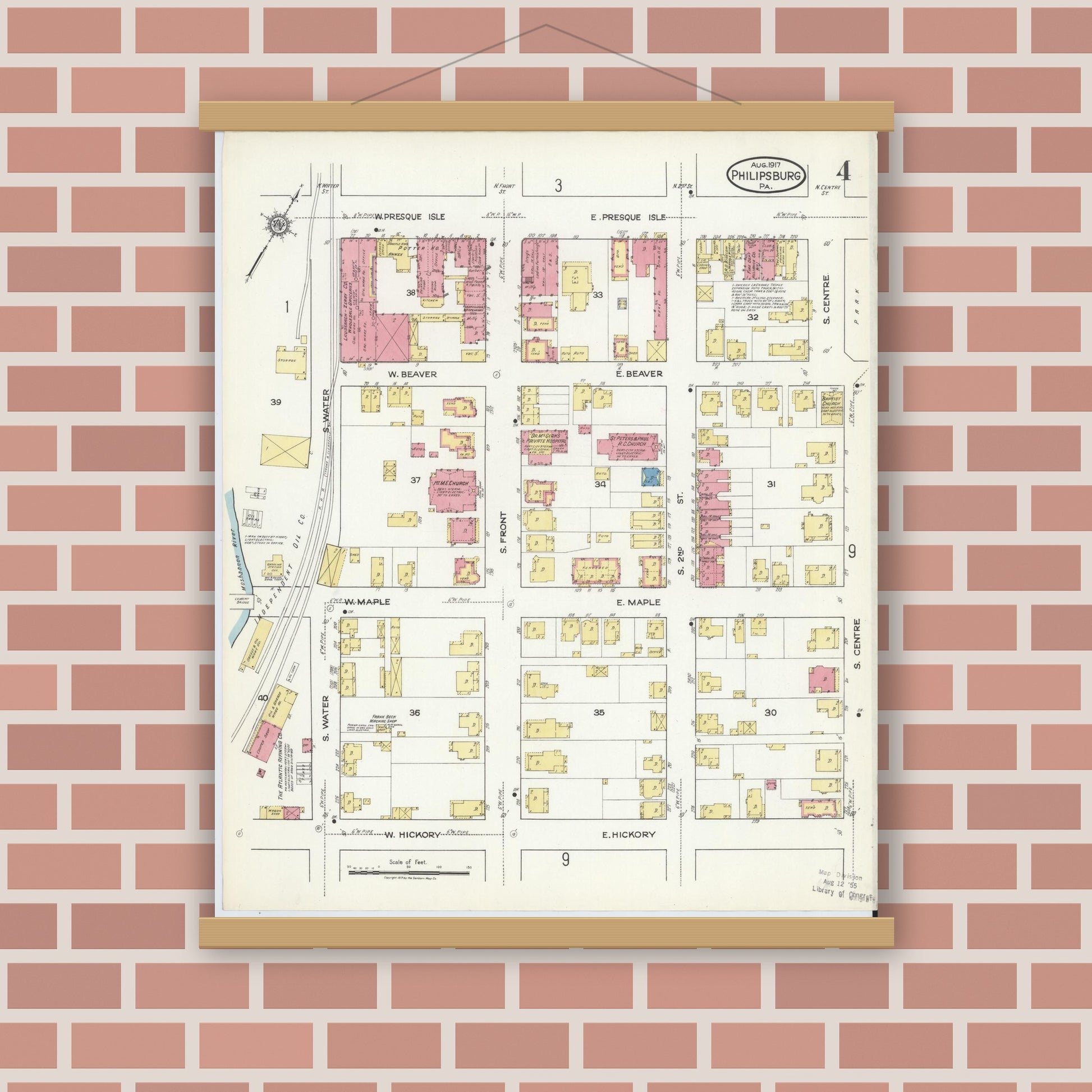 Old map wall art mockup — magnetic wood frame on brick wall — Sanborn Fire Insurance Map from Philipsburg, Centre County, Pennsylvania (1917), Sheet #0004