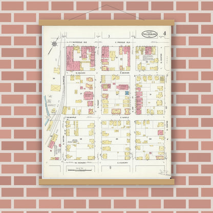Old map wall art mockup — magnetic wood frame on brick wall — Sanborn Fire Insurance Map from Philipsburg, Centre County, Pennsylvania (1917), Sheet #0004