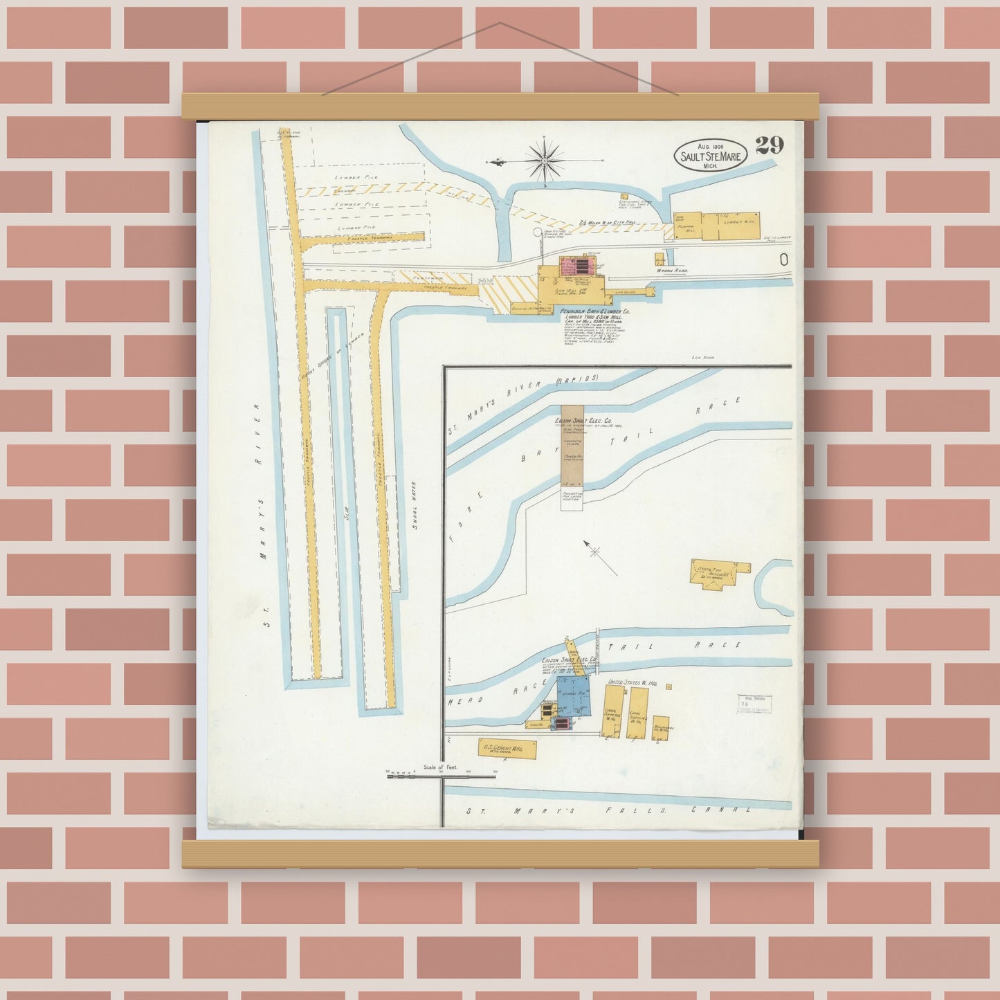 Old map wall art mockup — magnetic wood frame on brick wall — Sanborn Fire Insurance Map from Sault Sainte Marie, Chippewa County, Michigan (1906), Sheet #0029