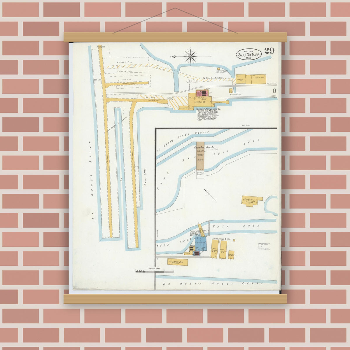 Old map wall art mockup — magnetic wood frame on brick wall — Sanborn Fire Insurance Map from Sault Sainte Marie, Chippewa County, Michigan (1906), Sheet #0029