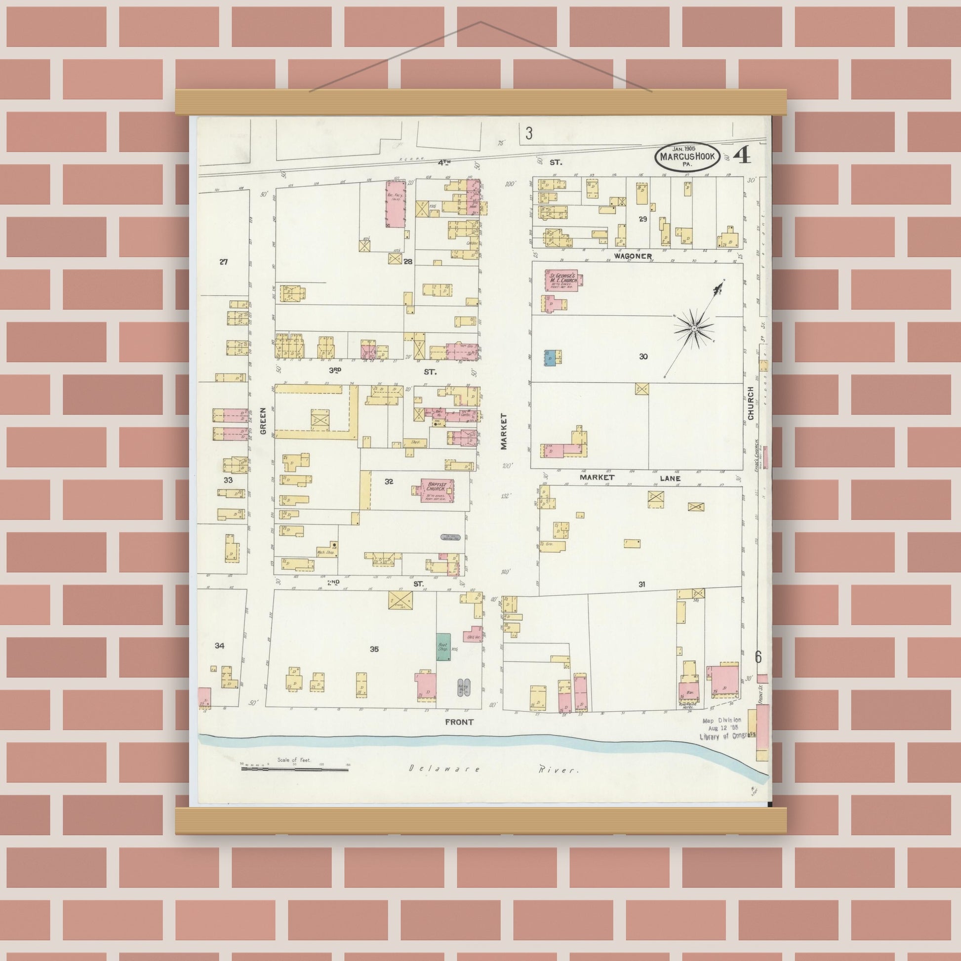 Old map wall art mockup — magnetic wood frame on brick wall — Sanborn Fire Insurance Map from Marcus Hook, Chester County, Pennsylvania (1905), Sheet #0004