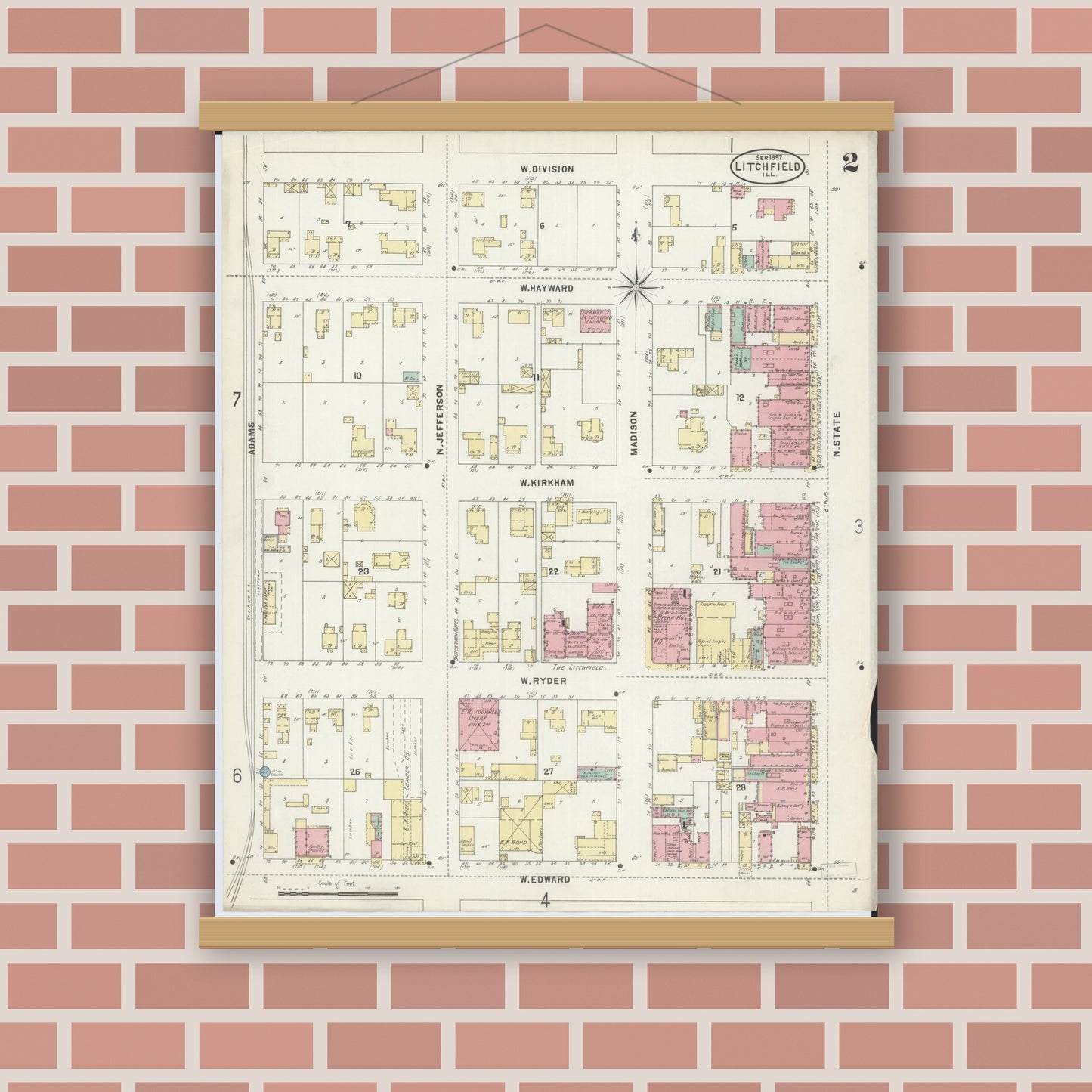 Old map wall art mockup — magnetic wood frame on brick wall — Sanborn Fire Insurance Map from Litchfield, Montgomery County, Illinois (1897), Sheet #0002