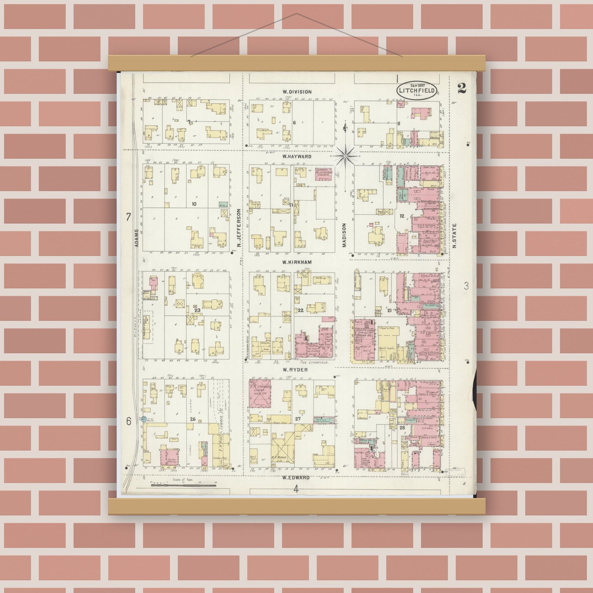 Old map wall art mockup — magnetic wood frame on brick wall — Sanborn Fire Insurance Map from Litchfield, Montgomery County, Illinois (1897), Sheet #0002