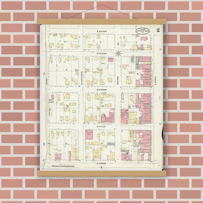 Old map wall art mockup — magnetic wood frame on brick wall — Sanborn Fire Insurance Map from Litchfield, Montgomery County, Illinois (1897), Sheet #0002