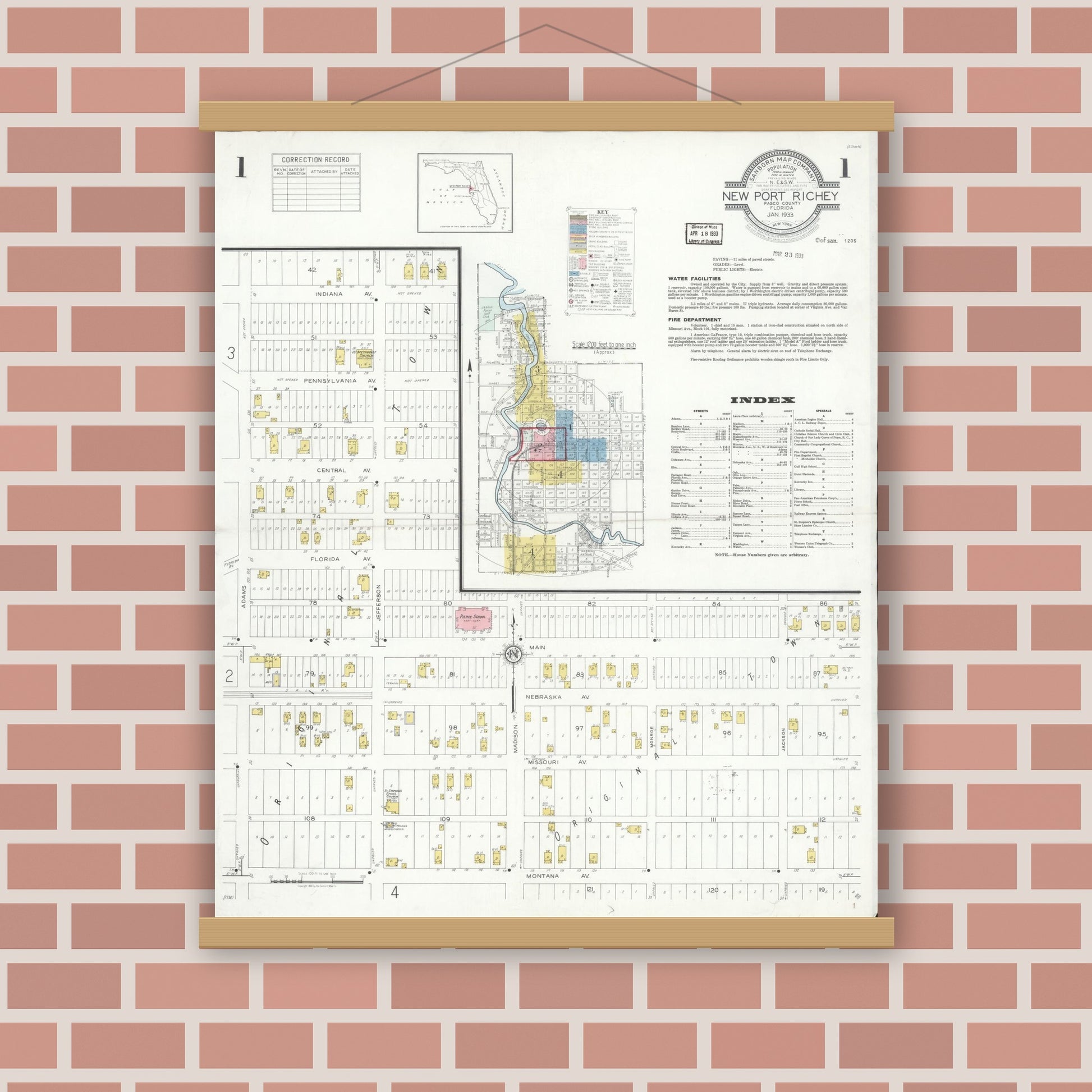 Old map wall art mockup — magnetic wood frame on brick wall — Sanborn Fire Insurance Map from New Port Richey, Pasco County, Florida (1933) - Complete Map Set