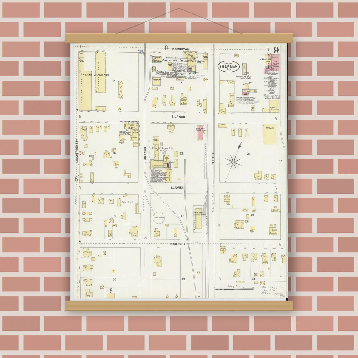 Old map wall art mockup — magnetic wood frame on brick wall — Sanborn Fire Insurance Map from Sherman, Grayson County, Texas (1897), Sheet #0009