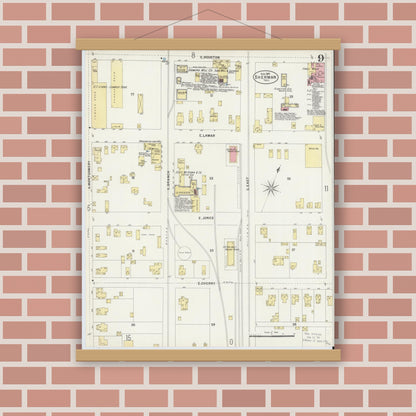 Old map wall art mockup — magnetic wood frame on brick wall — Sanborn Fire Insurance Map from Sherman, Grayson County, Texas (1897), Sheet #0009