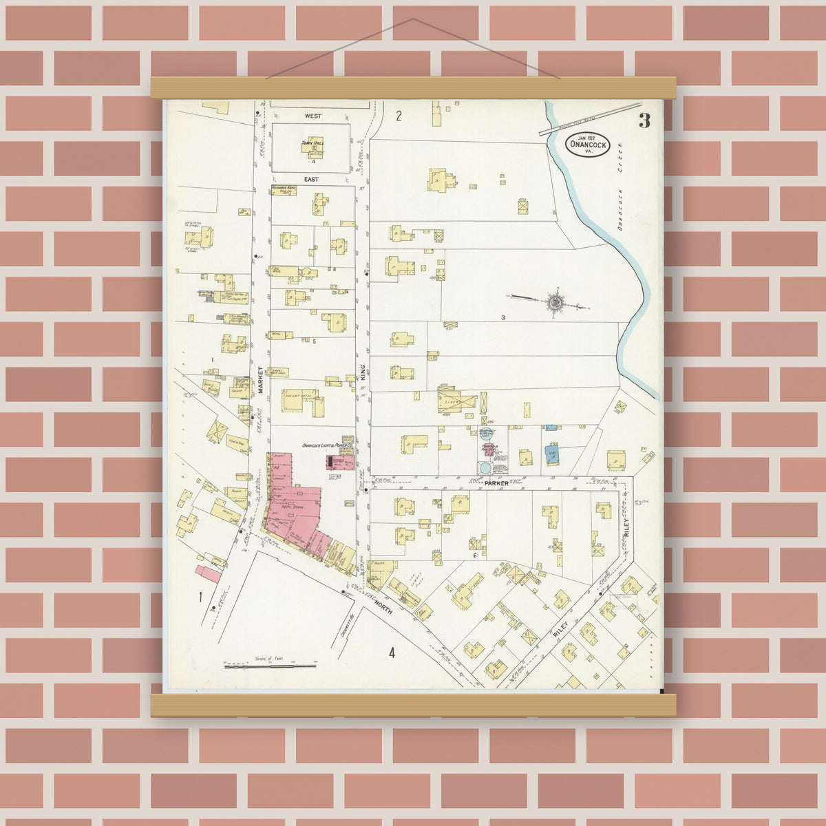 Old map wall art mockup — magnetic wood frame on brick wall — Sanborn Fire Insurance Map from Onancock, Accomack County, Virginia (1912), Sheet #0003