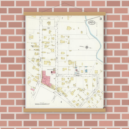 Old map wall art mockup — magnetic wood frame on brick wall — Sanborn Fire Insurance Map from Onancock, Accomack County, Virginia (1912), Sheet #0003