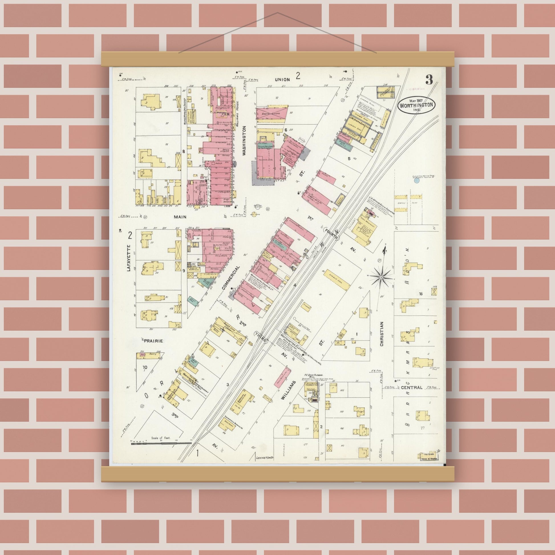 Old map wall art mockup — magnetic wood frame on brick wall — Sanborn Fire Insurance Map from Worthington, Greene County, Indiana (1907), Sheet #0003