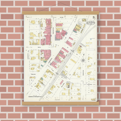 Old map wall art mockup — magnetic wood frame on brick wall — Sanborn Fire Insurance Map from Worthington, Greene County, Indiana (1907), Sheet #0003