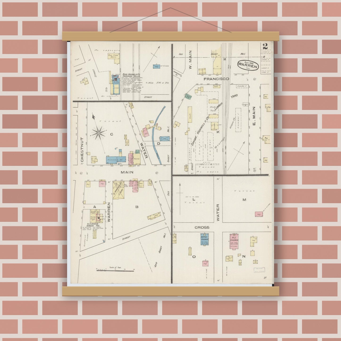 Old map wall art mockup — magnetic wood frame on brick wall — Sanborn Fire Insurance Map from Warren, Jo Daviess County, Illinois (1885), Sheet #0002