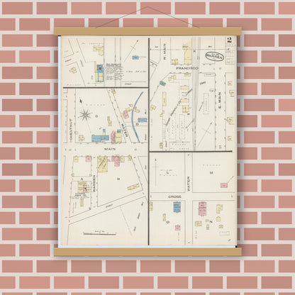 Old map wall art mockup — magnetic wood frame on brick wall — Sanborn Fire Insurance Map from Warren, Jo Daviess County, Illinois (1885), Sheet #0002