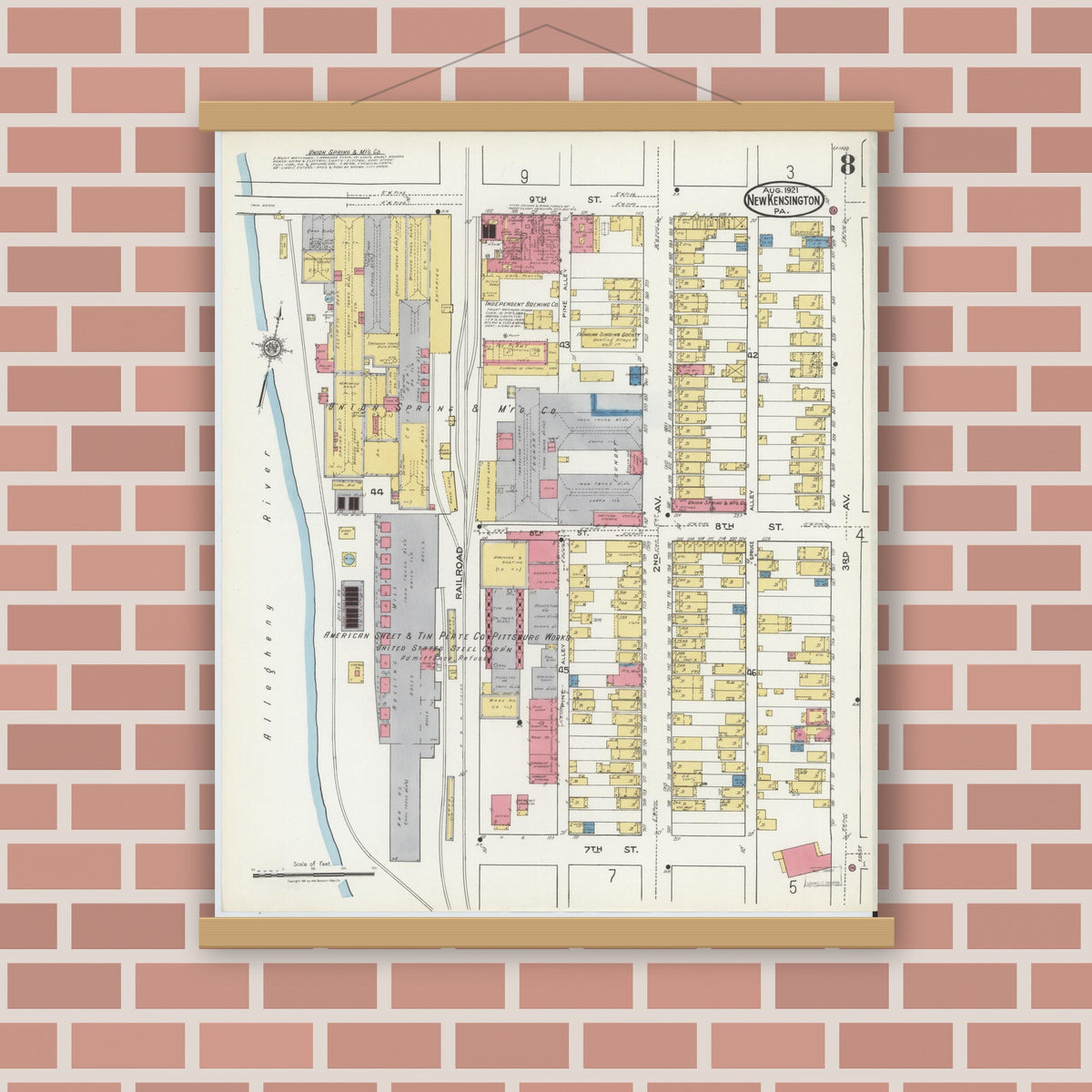 Old map wall art mockup — magnetic wood frame on brick wall — Sanborn Fire Insurance Map from New Kensington, Westmoreland County, Pennsylvania (1921), Sheet #0008