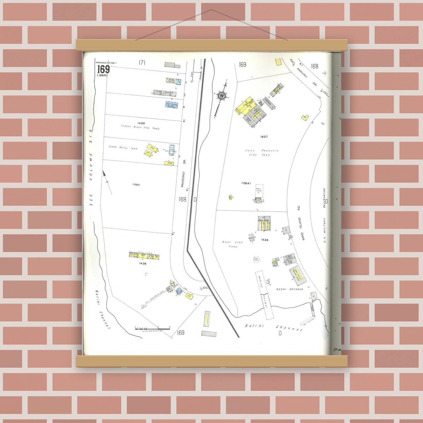 Old map wall art mockup — magnetic wood frame on brick wall — Sanborn Fire Insurance Map from Honolulu, Oahu County, Hawaii (1955), Sheet #0169