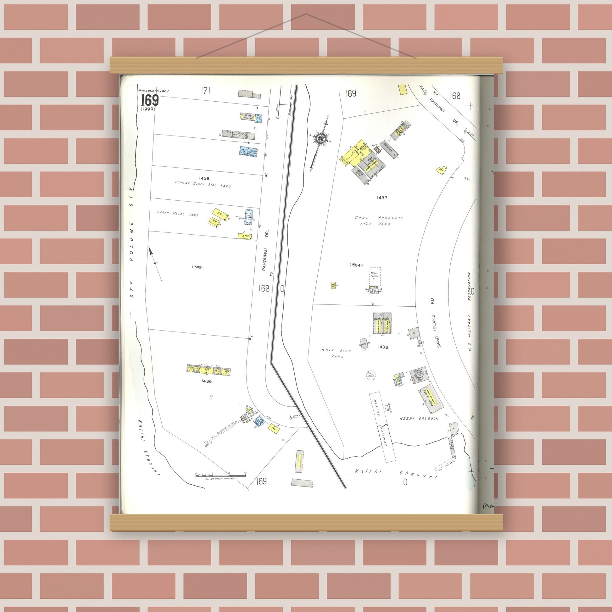 Old map wall art mockup — magnetic wood frame on brick wall — Sanborn Fire Insurance Map from Honolulu, Oahu County, Hawaii (1955), Sheet #0169