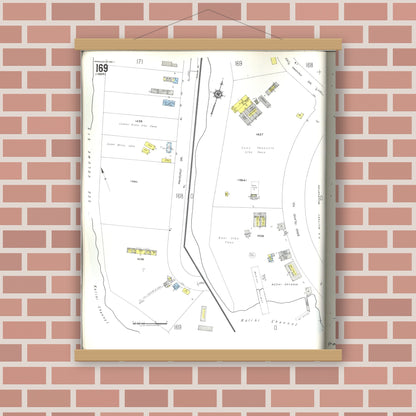 Old map wall art mockup — magnetic wood frame on brick wall — Sanborn Fire Insurance Map from Honolulu, Oahu County, Hawaii (1955), Sheet #0169