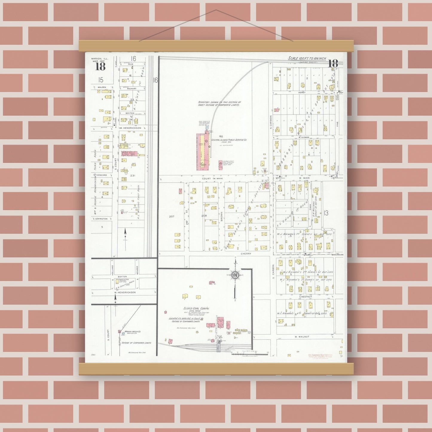Old map wall art mockup — magnetic wood frame on brick wall — Sanborn Fire Insurance Map from Marion, Williamson County, Illinois (1937), Sheet #0018