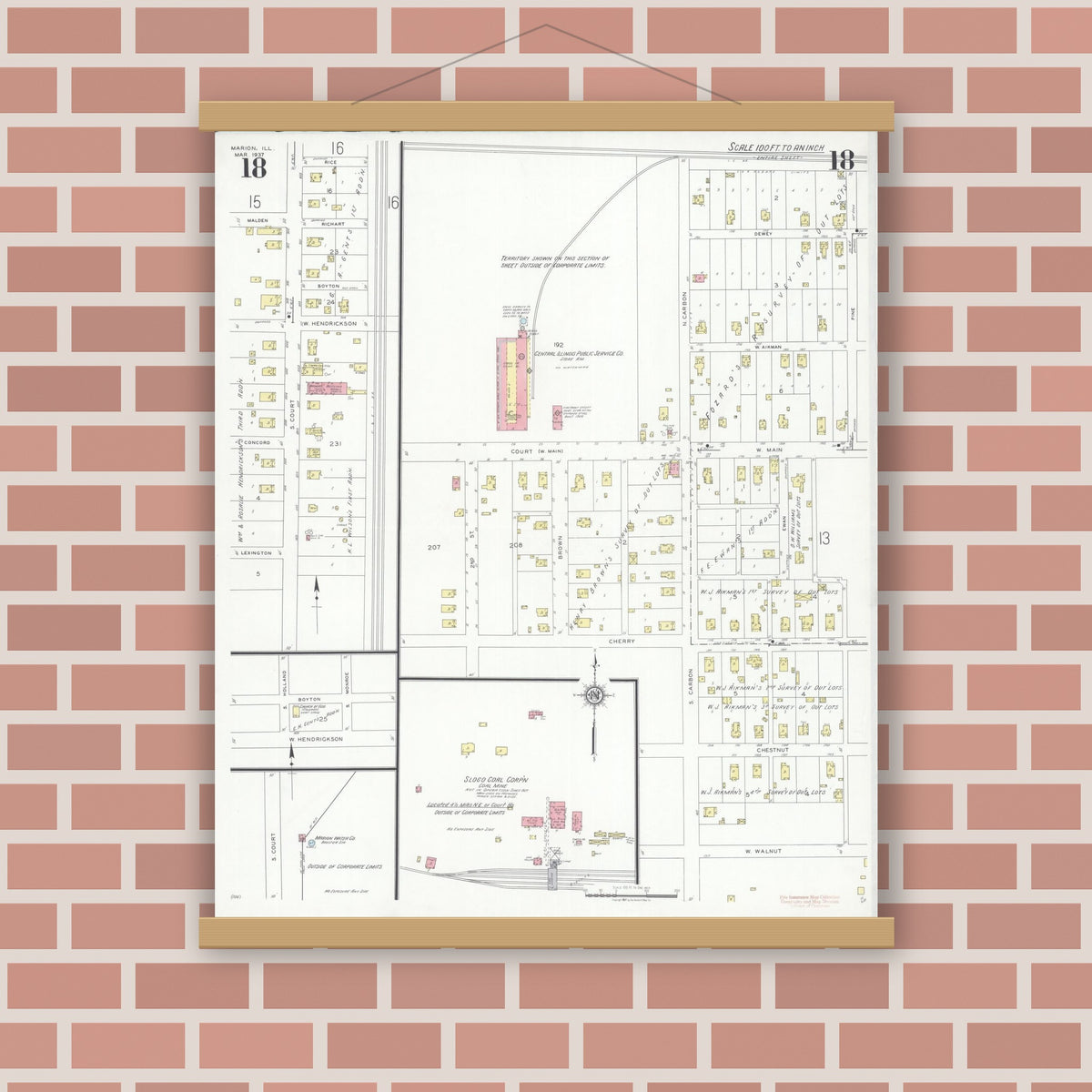 Old map wall art mockup — magnetic wood frame on brick wall — Sanborn Fire Insurance Map from Marion, Williamson County, Illinois (1937), Sheet #0018