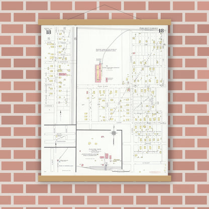 Old map wall art mockup — magnetic wood frame on brick wall — Sanborn Fire Insurance Map from Marion, Williamson County, Illinois (1937), Sheet #0018