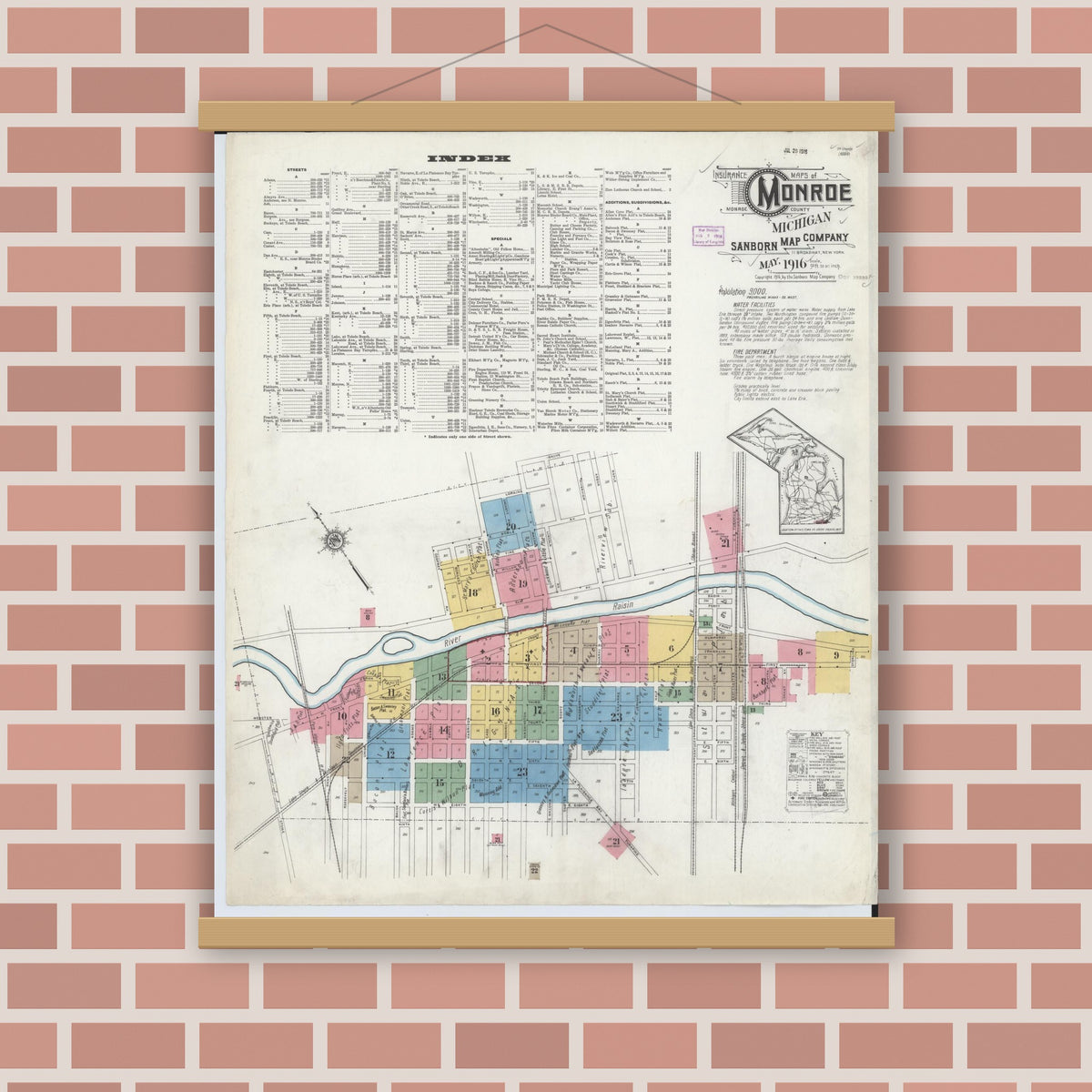 Old map wall art mockup — magnetic wood frame on brick wall — Sanborn Fire Insurance Map from Monroe, Monroe County, Michigan (1916), Sheet #0001