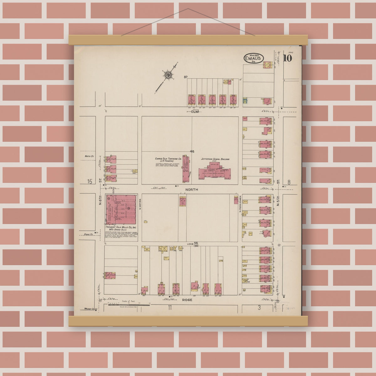 Old map wall art mockup — magnetic wood frame on brick wall — Sanborn Fire Insurance Map from Emaus, Lehigh County, Pennsylvania (1922), Sheet #0010