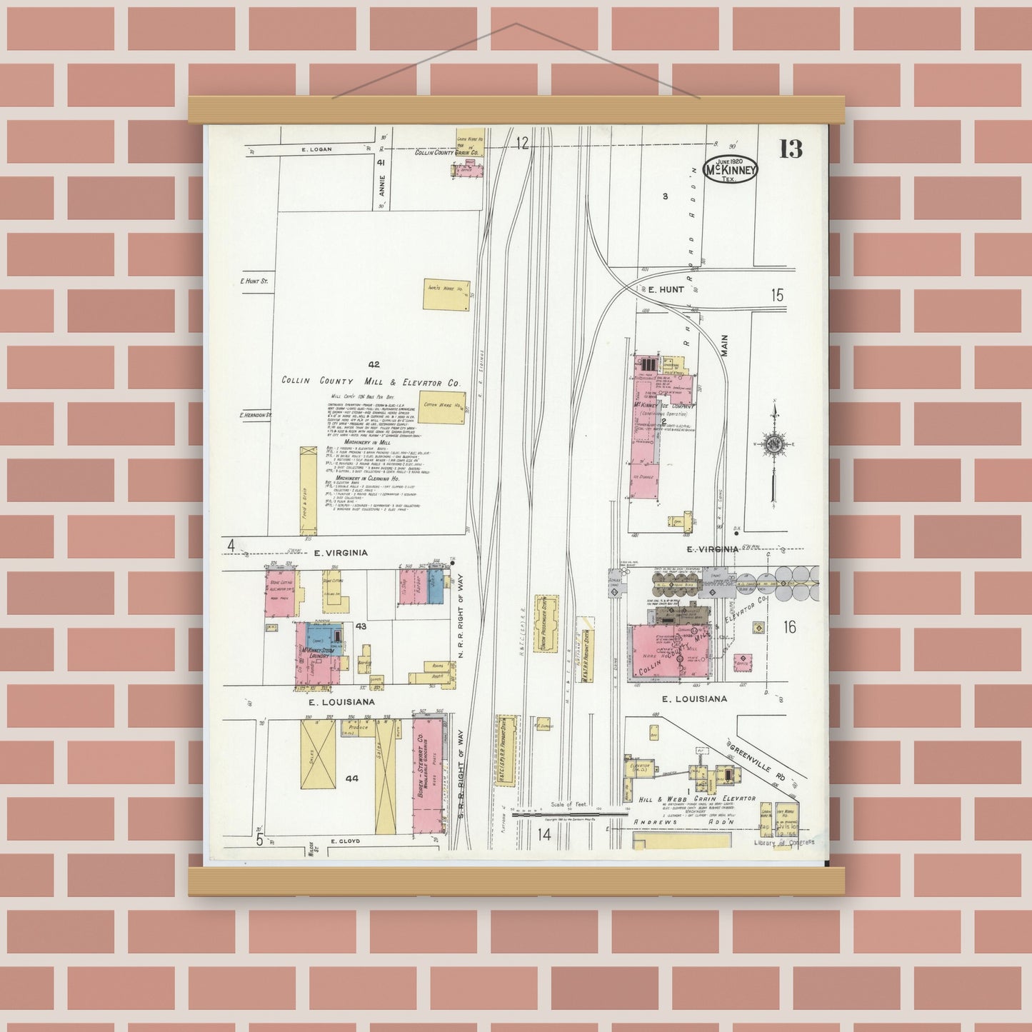 Old map wall art mockup — magnetic wood frame on brick wall — Sanborn Fire Insurance Map from McKinney, Collin County, Texas (1920), Sheet #0013