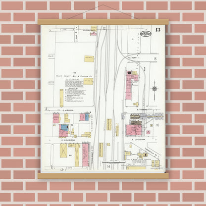 Old map wall art mockup — magnetic wood frame on brick wall — Sanborn Fire Insurance Map from McKinney, Collin County, Texas (1920), Sheet #0013