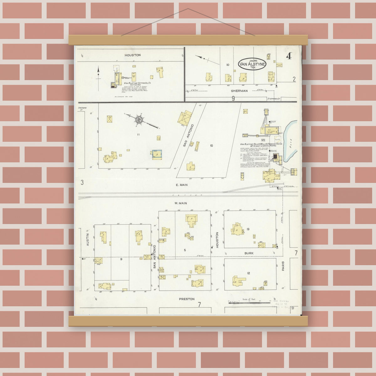 Old map wall art mockup — magnetic wood frame on brick wall — Sanborn Fire Insurance Map from Van Alstyne, Grayson County, Texas (1914), Sheet #0004