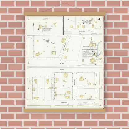 Old map wall art mockup — magnetic wood frame on brick wall — Sanborn Fire Insurance Map from Van Alstyne, Grayson County, Texas (1914), Sheet #0004