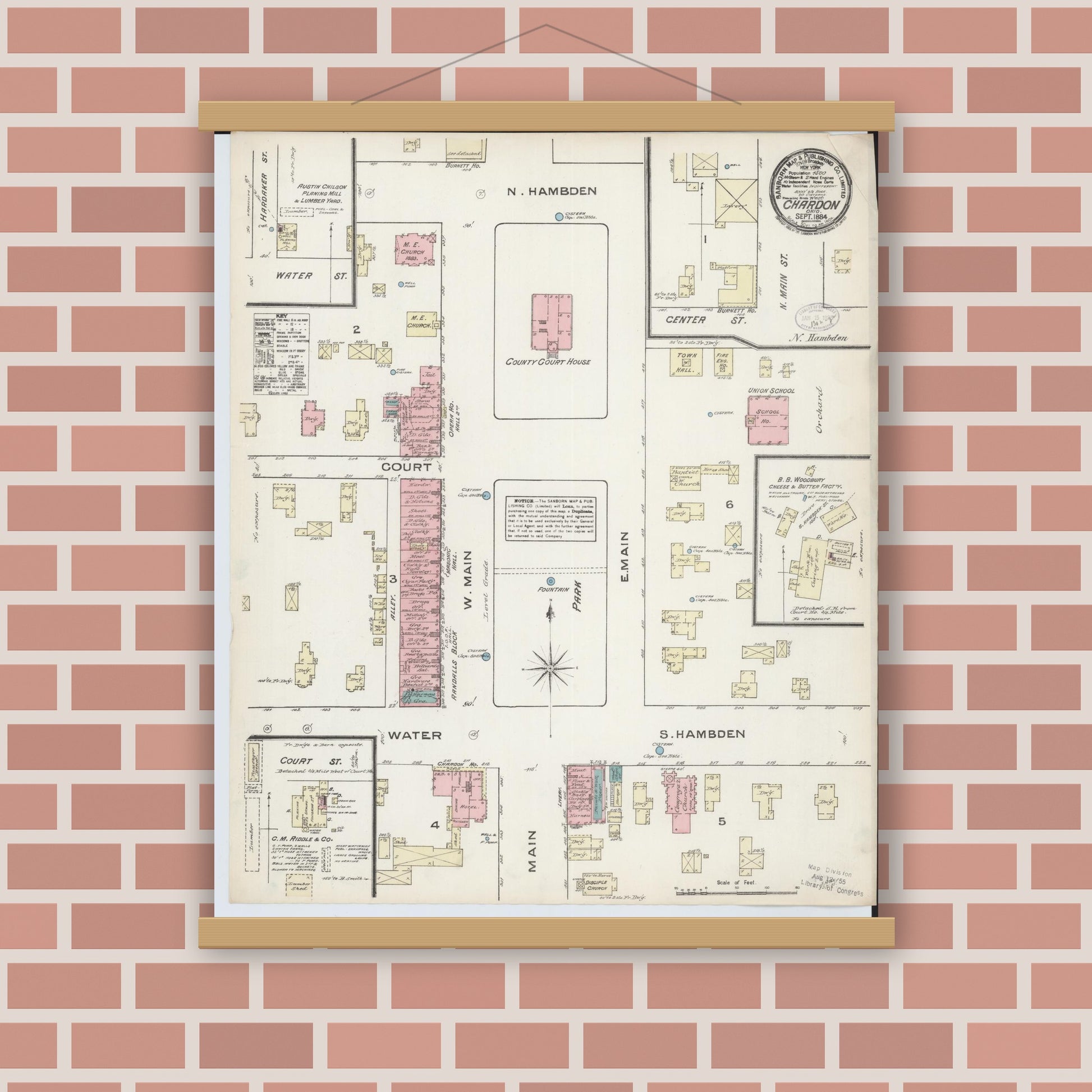 Old map wall art mockup — magnetic wood frame on brick wall — Sanborn Fire Insurance Map from Chardon, Geauga County, Ohio (1884), Sheet #0001