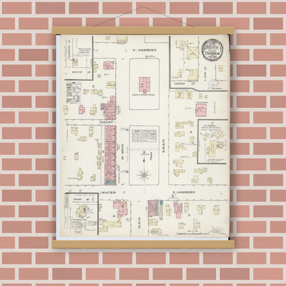 Old map wall art mockup — magnetic wood frame on brick wall — Sanborn Fire Insurance Map from Chardon, Geauga County, Ohio (1884), Sheet #0001