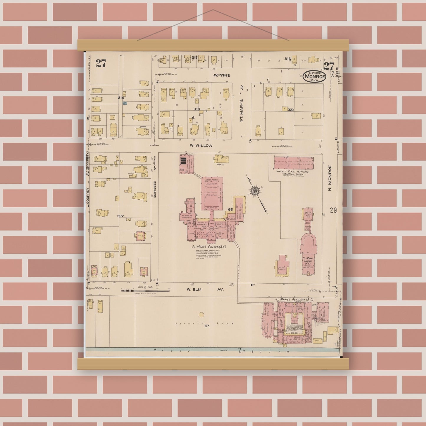 Old map wall art mockup — magnetic wood frame on brick wall — Sanborn Fire Insurance Map from Monroe, Monroe County, Michigan (1922), Sheet #0027