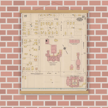 Old map wall art mockup — magnetic wood frame on brick wall — Sanborn Fire Insurance Map from Monroe, Monroe County, Michigan (1922), Sheet #0027