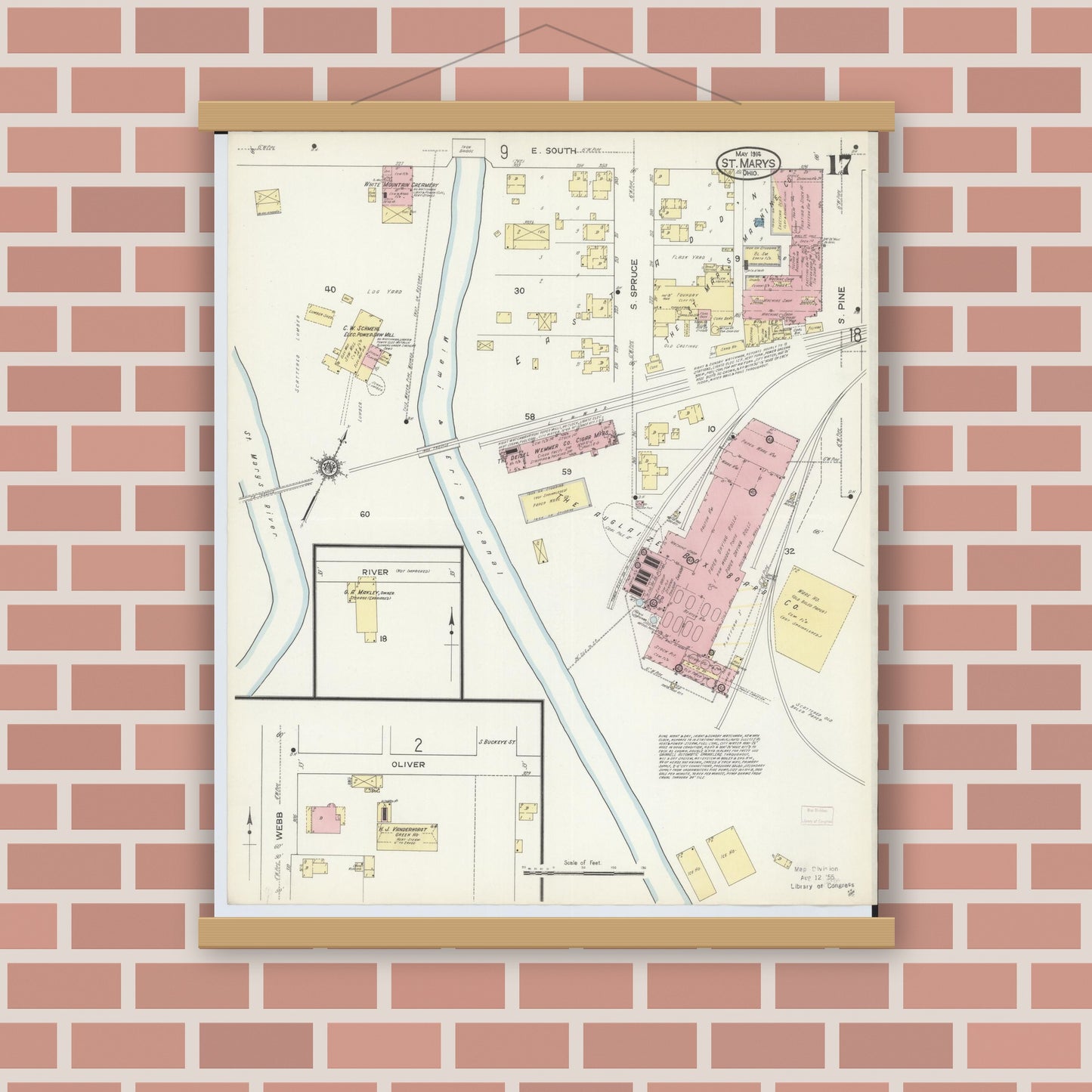 Old map wall art mockup — magnetic wood frame on brick wall — Sanborn Fire Insurance Map from Saint Marys, Auglaize County, Ohio (1914), Sheet #0017
