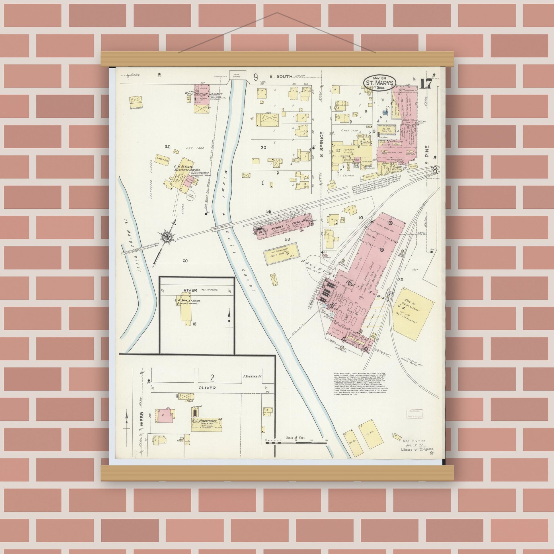 Old map wall art mockup — magnetic wood frame on brick wall — Sanborn Fire Insurance Map from Saint Marys, Auglaize County, Ohio (1914), Sheet #0017