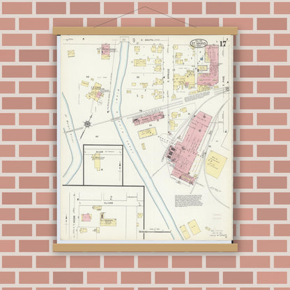 Old map wall art mockup — magnetic wood frame on brick wall — Sanborn Fire Insurance Map from Saint Marys, Auglaize County, Ohio (1914), Sheet #0017