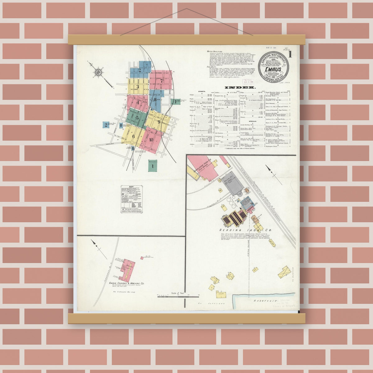 Old map wall art mockup — magnetic wood frame on brick wall — Sanborn Fire Insurance Map from Emaus, Lehigh County, Pennsylvania (1911), Sheet #0001