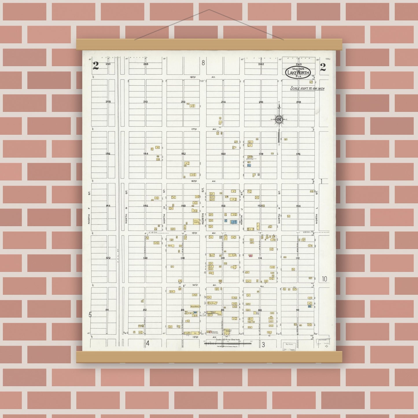 Old map wall art mockup — magnetic wood frame on brick wall — Sanborn Fire Insurance Map from Lake Worth, Palm Beach County, Florida (1924), Sheet #0002