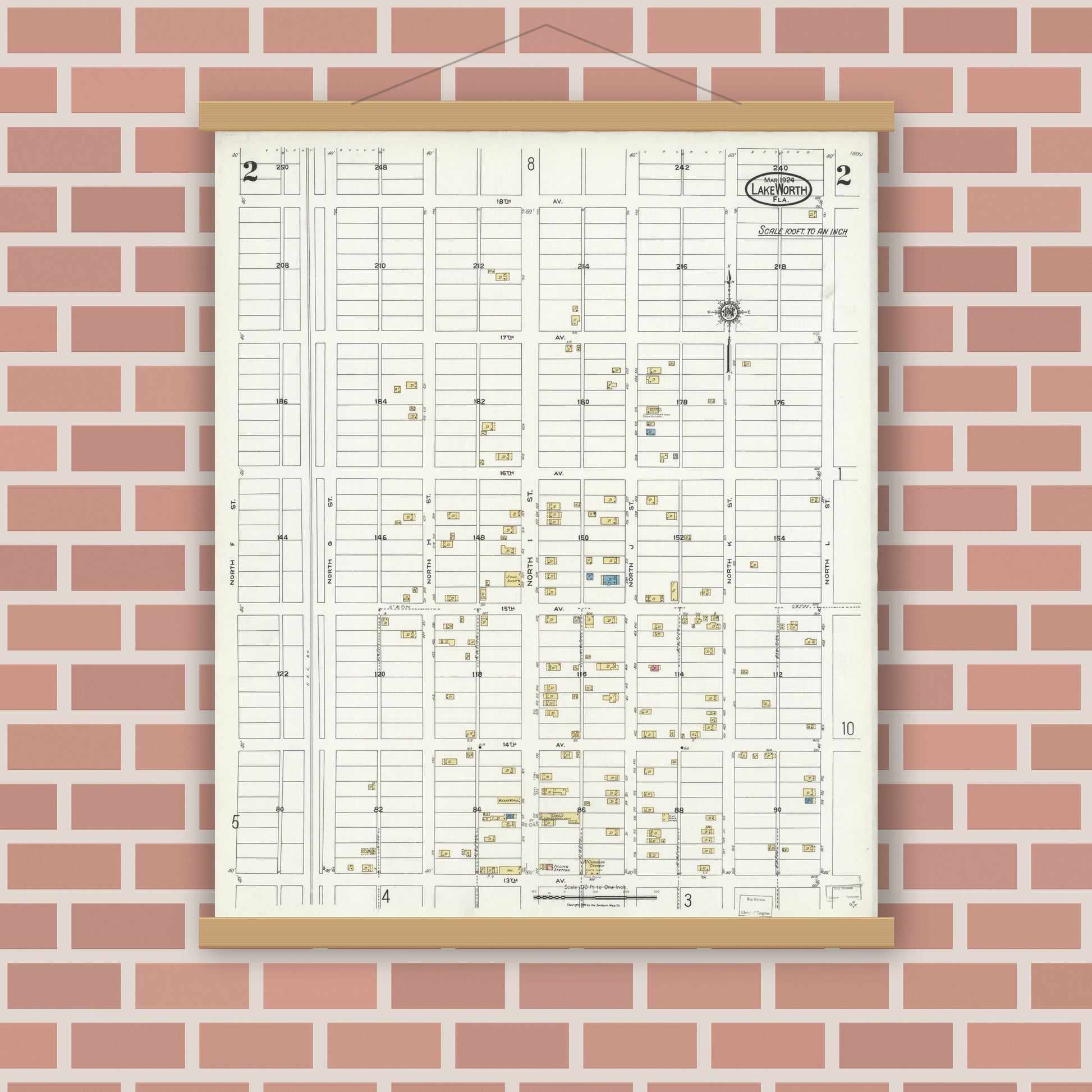 Old map wall art mockup — magnetic wood frame on brick wall — Sanborn Fire Insurance Map from Lake Worth, Palm Beach County, Florida (1924), Sheet #0002