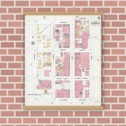 Old map wall art mockup — magnetic wood frame on brick wall — Sanborn Fire Insurance Map from Bloomington, McLean County, Illinois (1901), Sheet #0005