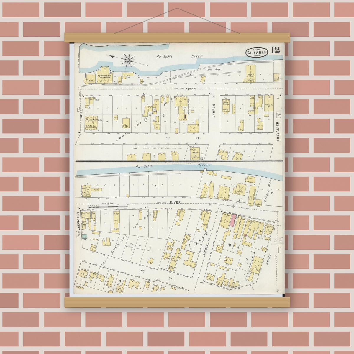 Old map wall art mockup — magnetic wood frame on brick wall — Sanborn Fire Insurance Map from Oscoda, Iosco County, Michigan (1895), Sheet #0012