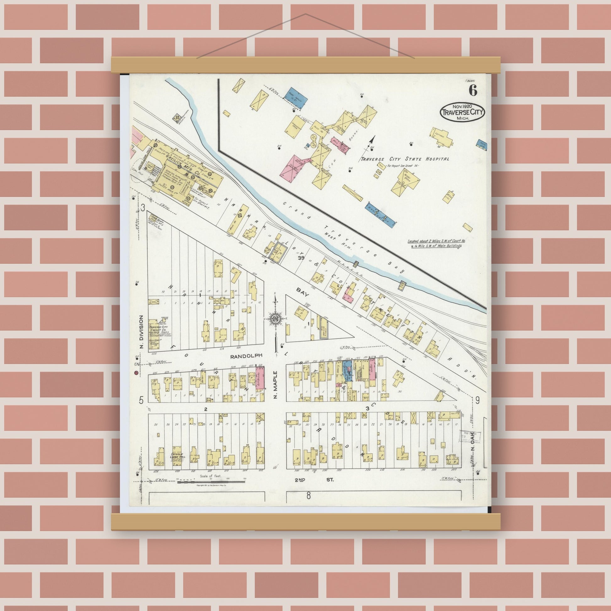 Old map wall art mockup — magnetic wood frame on brick wall — Sanborn Fire Insurance Map from Traverse City, Grand Traverse County, Michigan (1920), Sheet #0006