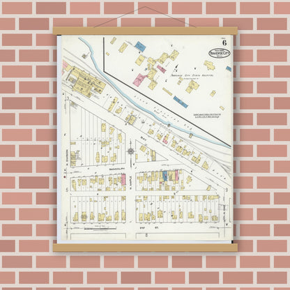 Old map wall art mockup — magnetic wood frame on brick wall — Sanborn Fire Insurance Map from Traverse City, Grand Traverse County, Michigan (1920), Sheet #0006